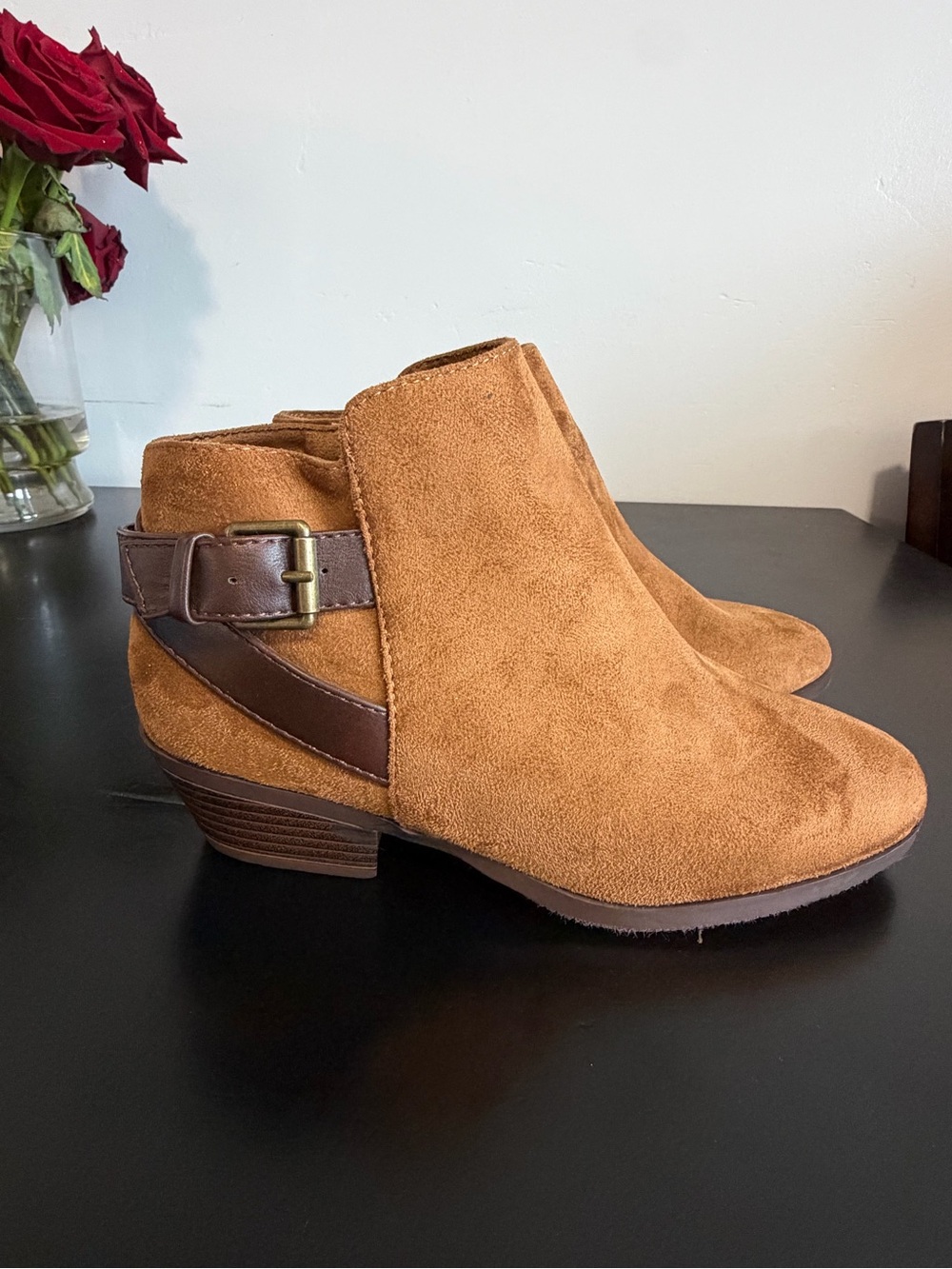 Women’s Suede Ankle Boot with Buckle Strap - Tan
